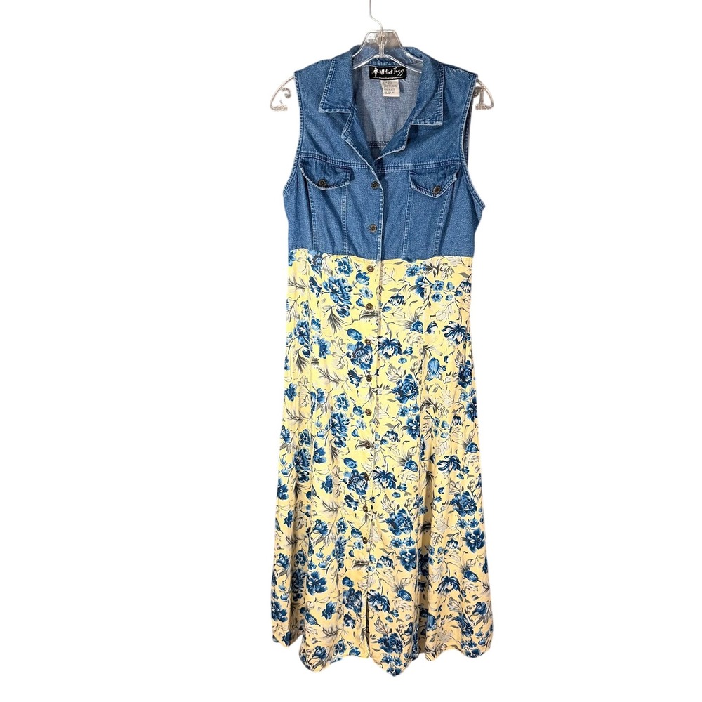 All That Jazz Vintage 90s Denim Floral Mixed Media Maxi Dress Sleeveless 13/14
